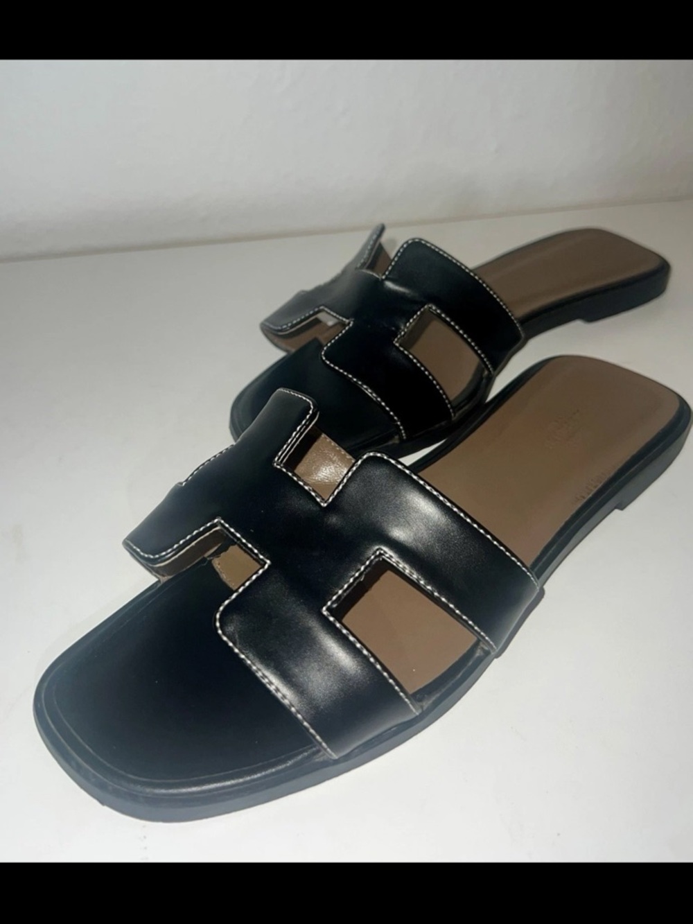 Hermes Black Leather Oran Slide Sandals